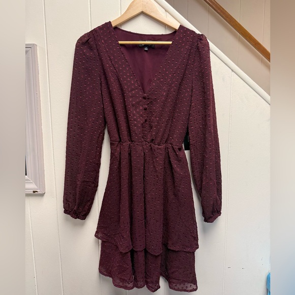 NWT Lulus Brilliant Love Burgundy Swiss Dot Long Sleeve Skater Dress Size Small - Picture 2 of 5